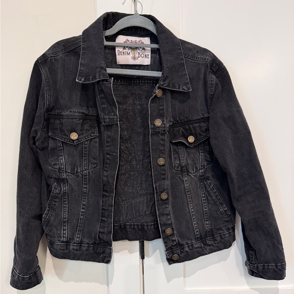 DENIM & BONE Wild and Free Black Denim Jacket Oversized Sz Small Free People - Picture 13 of 16